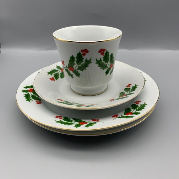 Set of White with Green Holly and Red Berries Cup & Saucer and 2 Dessert Plates - Picture 8 of 9